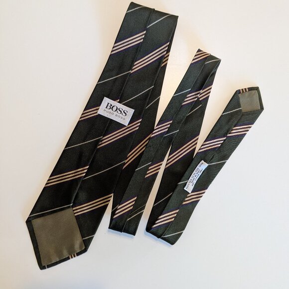 Hugo Boss Khaki Diagonal Striped 100% Silk Tie - Made in Italy - Picture 1 of 8